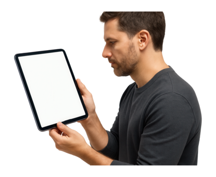 Man holding a tablet with a blank screen.
