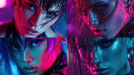 Close-up portraits of four women,  intense expressions, vibrant neon lighting, wet hair,  and striking makeup