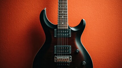 Close up of a dark colored electric guitar against a burnt orange background.