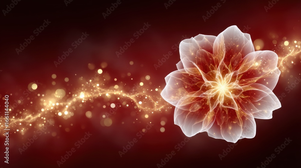 Poster translucent glowing fractal flower with illuminated golden particles and bokeh against dark red abst