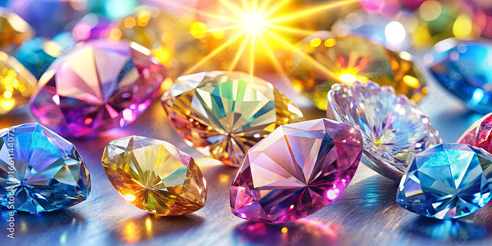 Poster a dazzling array of various gemstones including diamonds, sapphires, and topazes sparkles on a smoot