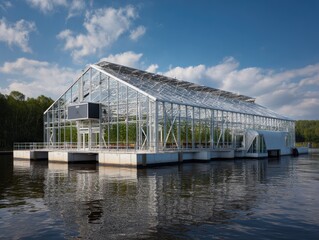 Modern glass greenhouse on a lake with bright blue sky above
