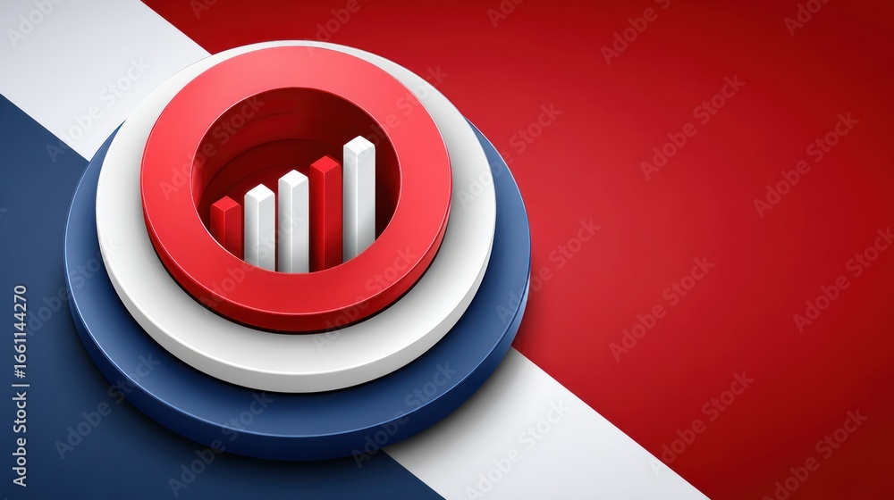 Poster red white and blue concentric circles with rising bar graph inside chart statistics data business gr