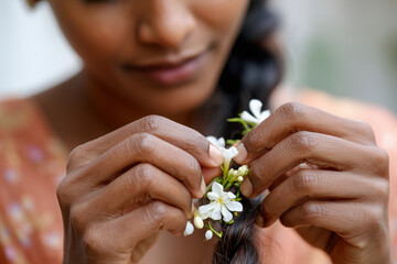 Fototapeta premium Woman braiding jasmine flowers into hair before Onam festivities, detailed close-up of hands and flowers,