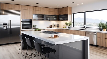 A modern kitchen with natural wood elements, a white quartz island, and dark gray appliances. The layout is spacious, with ample counter space and soft lighting.