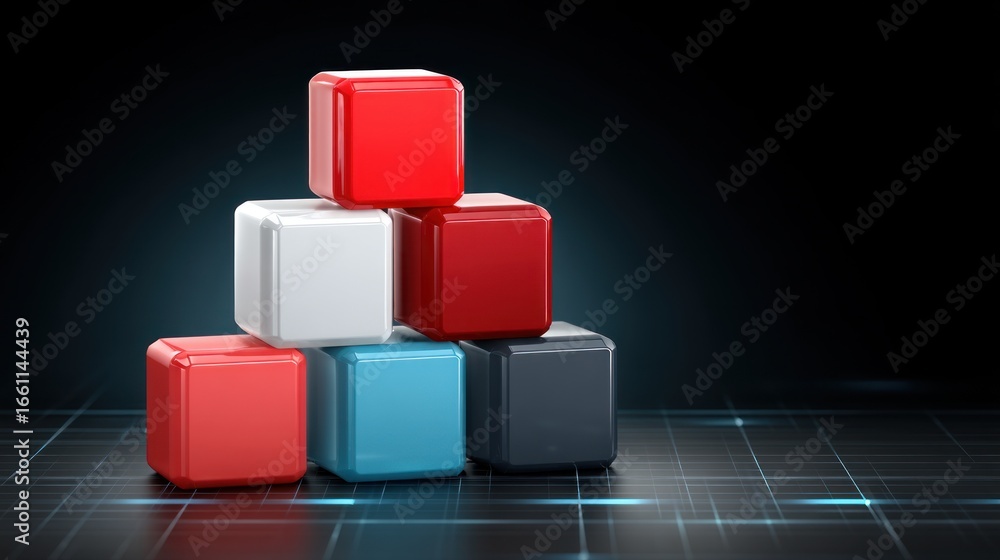 Poster stacked colored blocks form a pyramid shape on a grid with glowing blue lines white dark technology 