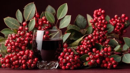 Glass of dark red beverage among vibrant red berries and green leaves against a deep maroon background.