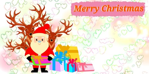 Obraz premium Illustration of a background of a cartoon card of Santa Claus with deer and a Christmas gift box.
