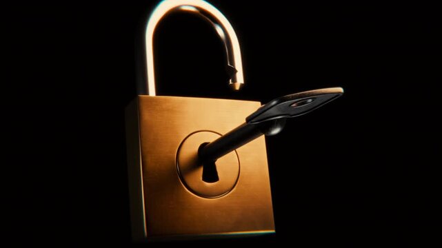 Close-up of a metallic padlock unlocking as the key turns, symbolizing security, access, freedom, and new opportunities.