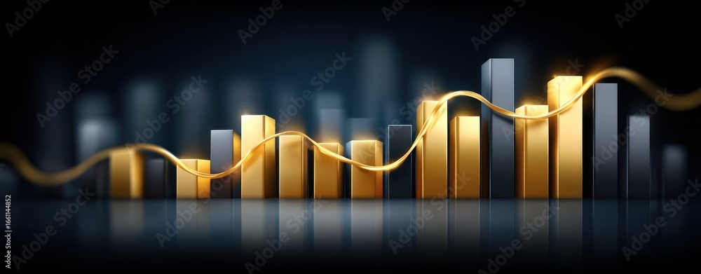Poster 3d bar chart with golden wavy line graph showing upward trend against dark background rising financi