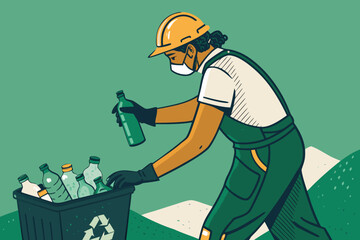 Dedicated waste worker meticulously sorts plastic and glass bottles for recycling at a sprawling landfill site.