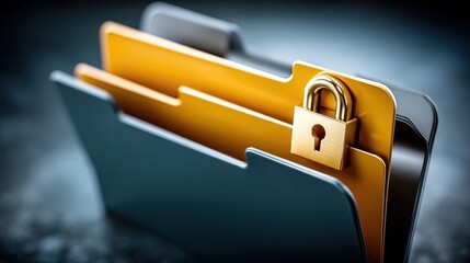 Golden padlock secures stacked data folders with digital information representing protection security