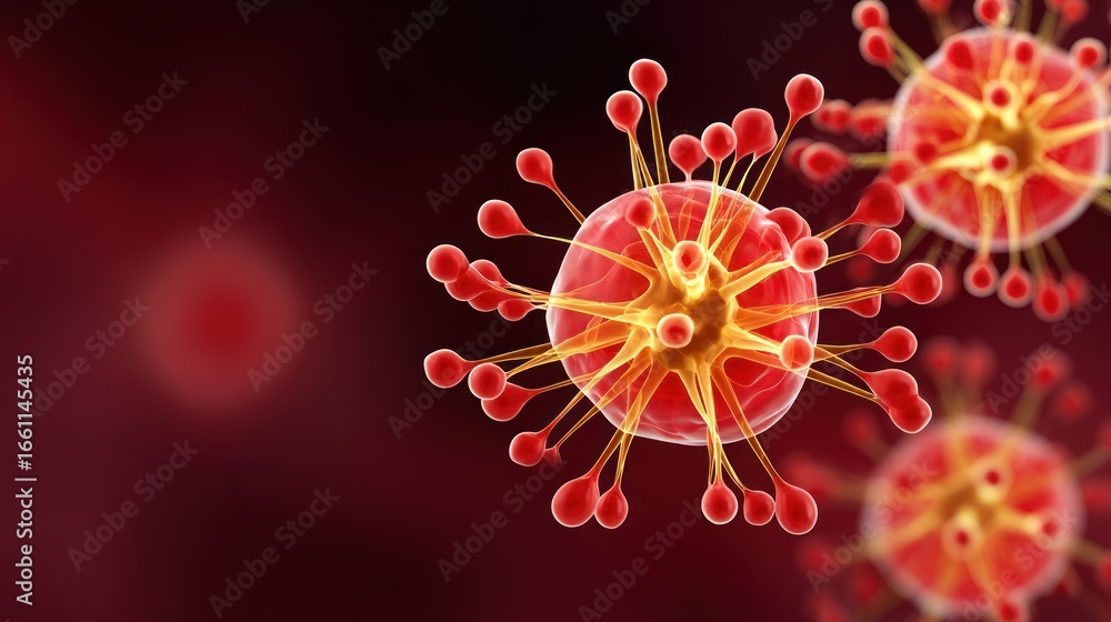 Poster close up of a 3d rendered red and yellow virus particle with spikes on a dark red background microsc