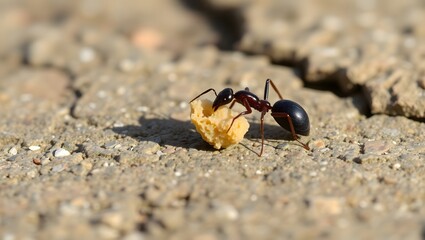 A close up of a black ant carrying a piece of food on a cracked concrete surface in bright sunlight