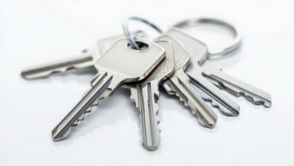 Close up shot of several keys on a keyring against a white background conveying security access and the concept of unlocking possibilities and access to new opportunities