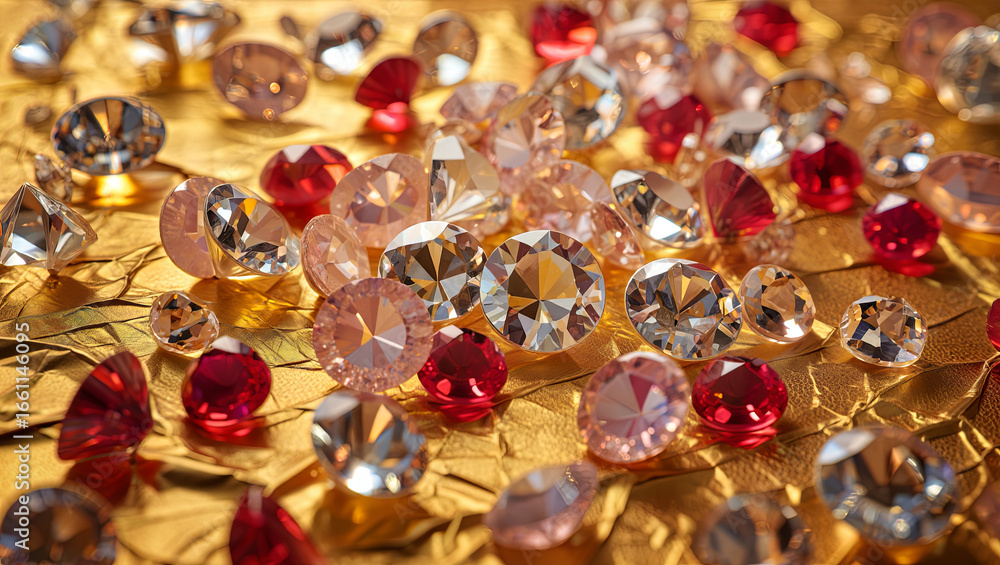 Poster a vibrant collection of gems rests on a shimmering gold background. red and clear stones reflect lig