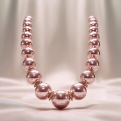 Fototapeta premium Elegant blush pink pearl necklace on silk. Soft lighting, close up.