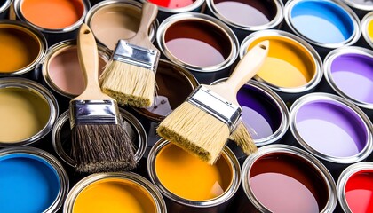 Paint cans and brushes.  Colorful palette
