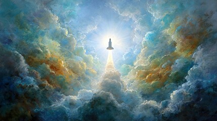 Space shuttle launching through dramatic clouds in sky