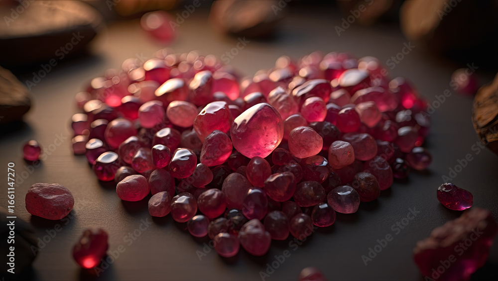 Poster a stunning array of pink gemstones is meticulously arranged to form a heart shape, creating a vibran