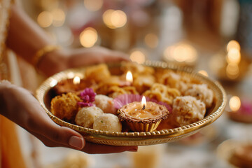 POV of holding brass thali with sweets and diyas during puja, warm golden light,