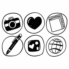 Social media icons set isolated on white background, hand drawn vector illustration in doodle style