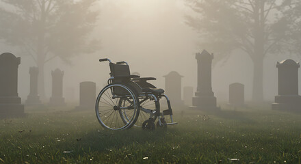 Obraz premium A wheelchair sits abandoned in a foggy cemetery, evoking themes of mortality.