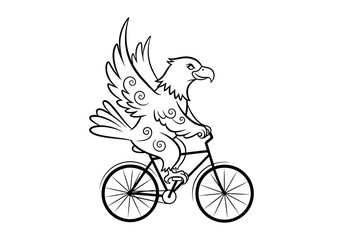 An eagle is riding a bicycle, a whimsical illustration