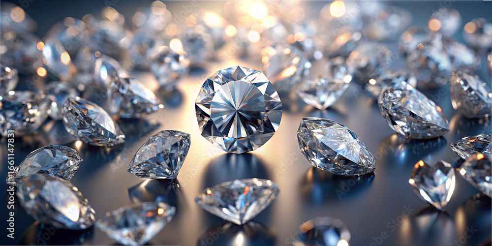 Poster a collection of various cut diamonds is displayed on a reflective surface, catching the light and cr