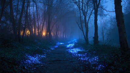Enchanting forest path illuminated by magical blue lights and warm distant glow at twilight