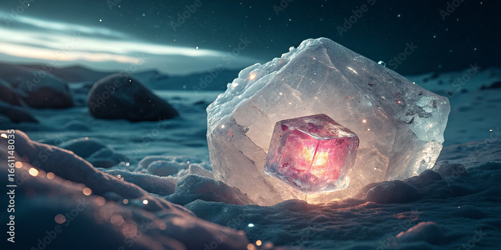 Poster a large block of ice sits in the snow, showcasing a smaller glowing ice cube inside it. this captiva