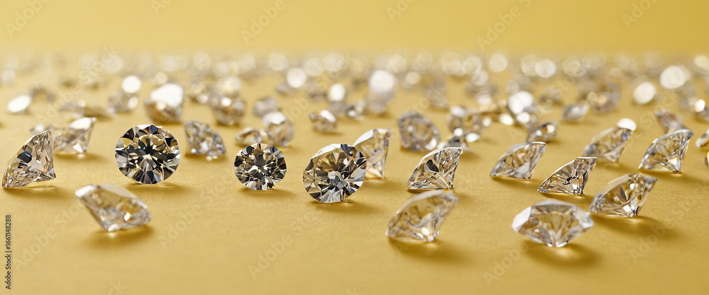 Poster diamonds of various sizes are beautifully arranged on a smooth yellow surface, reflecting light and 