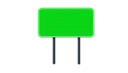 Blank green highway road sign for traffic direction and navigation guidance isolated on white background
