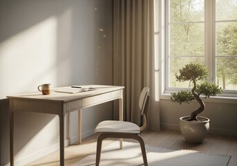 Fototapeta premium Minimalist home workspace with bonsai tree and natural light featuring wooden desk, cushioned chair, ceramic mug and open book in a serene interior