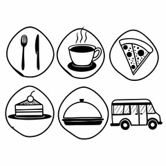 Illustration of food service icons including plate, cutlery, cup, pizza, cake, dish, and delivery van