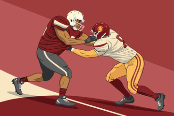 American football defensive tackle powerfully stopping opposing player's advance during intense game action, focused on strength and strategy.