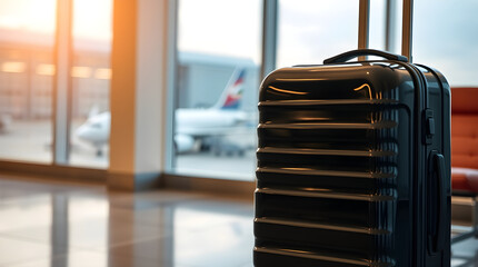 Black suitcase stands in airport terminal waiting for passenger to board airplane