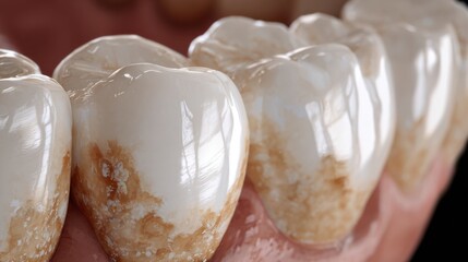 Close-up view of dental enamel with plaque buildup on teeth, highlighting oral hygiene challenges and care