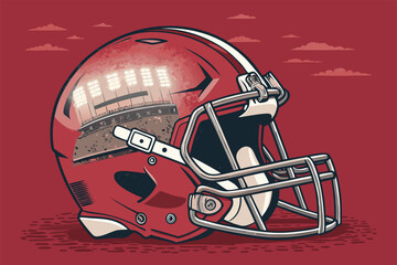 Intricate close-up of a vintage American football helmet on a sunlit stadium field, evoking athletic passion.