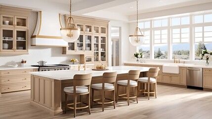 Fototapeta premium A spacious kitchen with light oak cabinetry, a white island, and a delicate touch of gold accents on the handles. Pendant lights hang over the island for a warm, inviting glow.