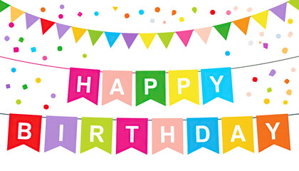 Happy birthday multicolored pennant flags hanging for party celebration and festive decoration isolated on white background