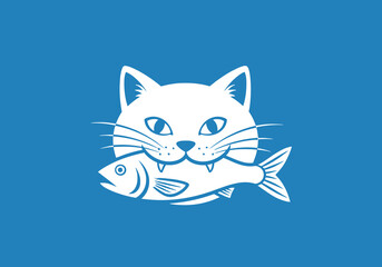 Obraz premium Illustration of a white cat holding a fish in its mouth on a blue background