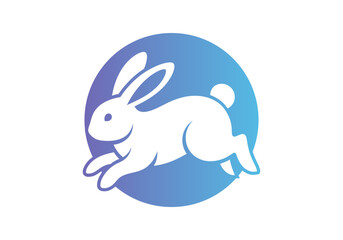 Illustration of a white rabbit jumping on a blue circle