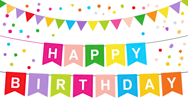 Happy birthday multicolored pennant flags hanging for party celebration and festive decoration isolated on white background