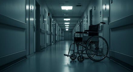 Empty hospital hallway with a wheelchair in the middle of the corridor.