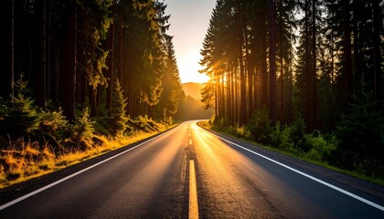 Asphalt road through a sunlit forest at sunset