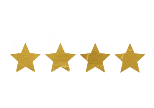 Four golden stars isolated on transparent background