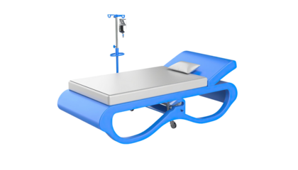 Modern hospital bed with adjustable frame and IV drip stand for medical care isolated on white background
