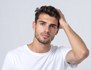 Person thinking with hand on head, isolated on white background with copy space
