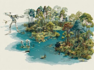 Robots in a swampy forest with trees, vegetation, water, and wildlife